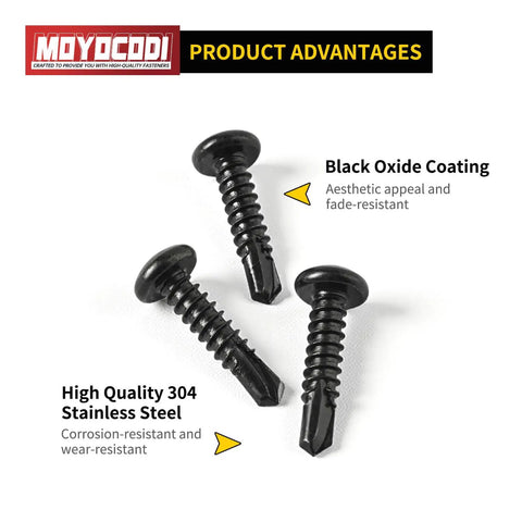 Heavy Duty Number 12 X 1 Inch Pan Head Sheet Metal Screws Phillips Drive Self Tapping Wood Screws Black Oxide 410 Stainless Steel 50 Pack close-up showing screw details.
