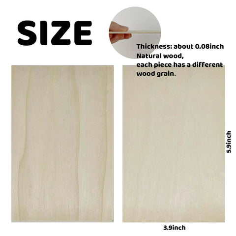 Two unfinished poplar plywood sheets with natural wood grain, approx 3.9 x 5.9 inches (150 x 100 mm), 0.08 inch thick.