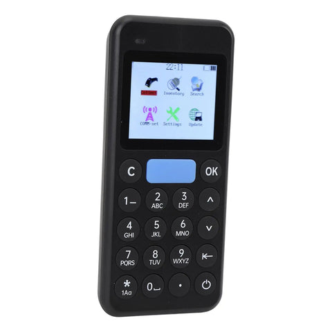 Handheld Inventory Scanner With 2.4 Inch Screen, 1D and 2D Barcode Data Collector, black device with keypad and small display