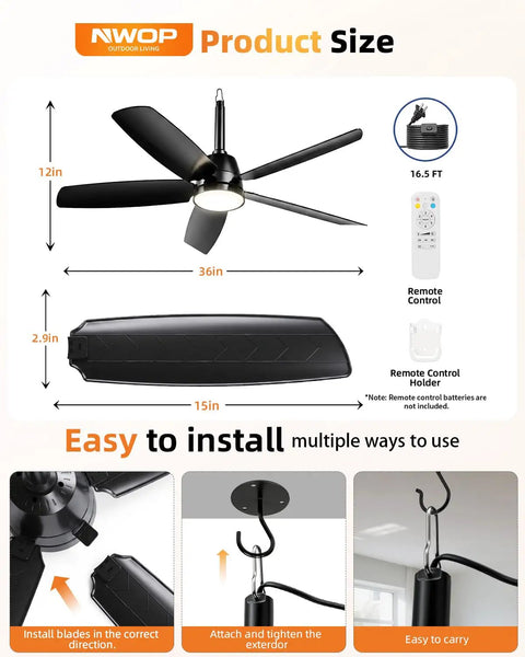 36 Inch Outdoor Ceiling Fan With Light And Remote, Wet Rated For Patios And Porches, installation instructions