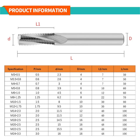 Diagram and specifications of Threaded Carbide Milling Cutter Single Tooth Three Full Thread CNC Cutting Tools For Aluminum Threading End Mills Durable 10Pcs Set