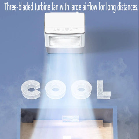 No Sweat About The Heat With This Portable Air Conditioner Using A Huge Thirty Liter Tank And Three Speed Modes To Keep Rooms Frosty Chill An Ultra Quiet Windowless Cooling Fan Working Hard For Houses And Offices All Day Long, showcasing three-bladed turbine fan.