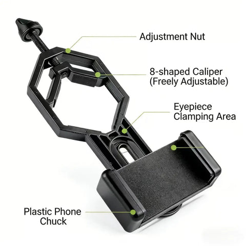 Smartphone Telescope Adapter With Quick Lock Mount for Binoculars Monocular Microscope and Spotting Scope showing labeled parts.