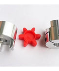Precision Aluminum Servo Motor Disc Coupler With Flexible Elastic Shaft Connector, OD25 L30, showing two aluminum couplers and a red connector.