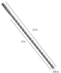 Diagonal side view of SDS Plus masonry drill bit, 3/8 in diameter, 12 in overall length with tungsten carbide tip