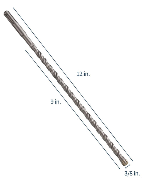 Diagonal side view of SDS Plus masonry drill bit, 3/8 in diameter, 12 in overall length with tungsten carbide tip