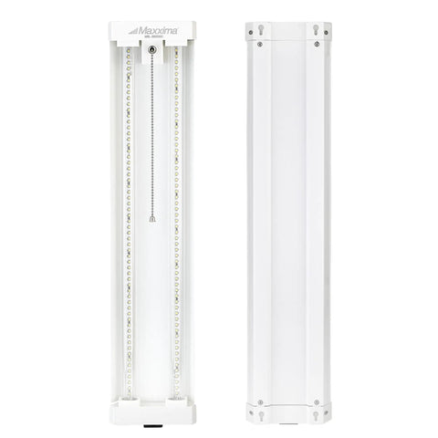 Front and side view of 2 Ft LED Shop Light Fixture For Garage And Workshop, 20W, 2500 Lumens, 5000K Daylight, Clear Lens, plug-in with pull chain.