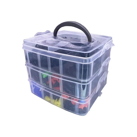 Clear plastic storage case of 910 Piece Car Push Retainer Clips Plastic Fasteners Kit With 6 Nylon Trim Removal Tools