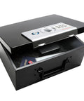 Compact Fireproof Safe Box With Digital Keypad Lock For Home Use, Stash Safe For Jewelry Cash And Important Documents, Black, open view with documents