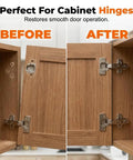 Fix Loose Hinges Quick With 100 Pack Of 6x14mm Door Screw Kit For Cabinet Repair And Stripped Thread Restoration Using Expansion Anchors For Super Secure Stability on cabinet hinge before and after repair