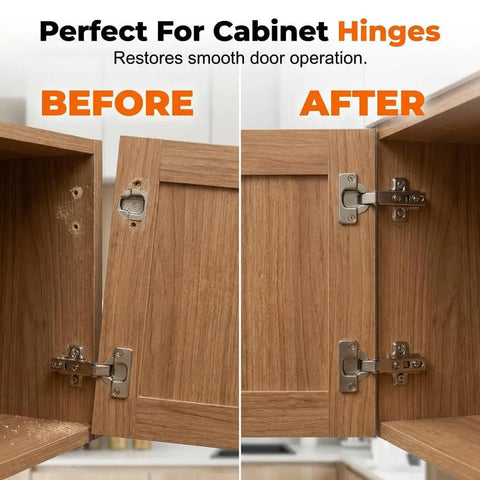 Fix Loose Hinges Quick With 100 Pack Of 6x14mm Door Screw Kit For Cabinet Repair And Stripped Thread Restoration Using Expansion Anchors For Super Secure Stability on cabinet hinge before and after repair