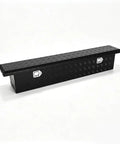 69 Inch Heavy Duty Crossover Aluminum Truck Toolbox With Rust Proof Secure Slam Latch Pickup Bed Storage Chest For Contractors Built To Thrash Real Deal Cargo Organizer in black with a diamond plate design.