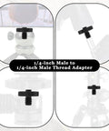 Solid Grip Six Pack Of One Quarter Inch Male To Male Threaded Tripod Screw Adapters for Camera Cages and Lighting Stands with Grippy Knurling and Rust Proof Aluminum Build Setup, showing multiple angles of adapters.
