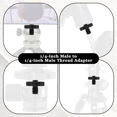 Solid Grip Six Pack Of One Quarter Inch Male To Male Threaded Tripod Screw Adapters for Camera Cages and Lighting Stands with Grippy Knurling and Rust Proof Aluminum Build Setup, showing multiple angles of adapters.