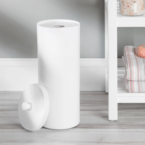 Freestanding Toilet Paper Storage Holder With Lid For 3 Extra Rolls White Floor Stand Organizer For Bathroom Discreet Modern Design