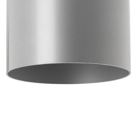 Close-up of 6 Inch Cylinder Outdoor Wall Sconce Two Light Up And Down Slick Modern Exterior And Interior Lighting Aluminum Construction Metallic Gray