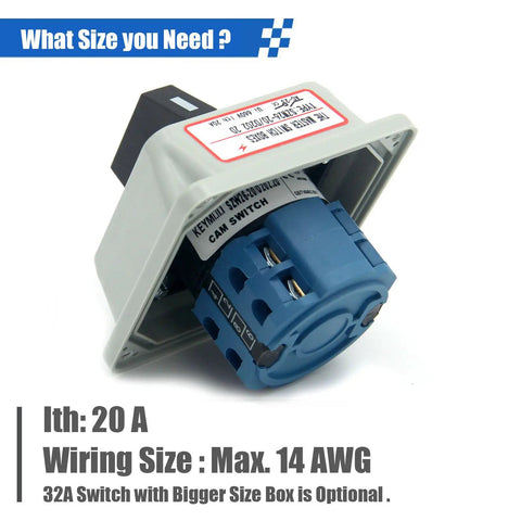 Front view of 20A Rotary Changeover Switch With Exterior Box On Off On 660V Latching Universal Selector, IP65, industrial use