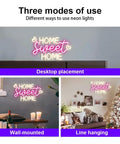 Home Sweet Home Neon Sign for Modern Home Decor wall art usage examples: desktop placement, wall-mounted, line hanging options.