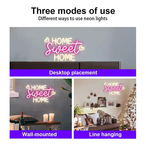 Home Sweet Home Neon Sign for Modern Home Decor wall art usage examples: desktop placement, wall-mounted, line hanging options.