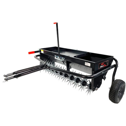 Tow Behind 2-In-1 Lawn Aerator And Spreader With Weight Tray For Extra Penetration Drops Seed Fertilizer Or Lime While Aerating 40-Inch Wide Flat Black, shown in a side angle with spiked rollers.