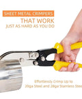 Person using Beefy Pro Grade Heavy Duty 5-Blade Hand Cable Crimper on stainless steel duct for precise crimping.