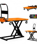 Rock Solid Electric Scissor Lift Table Cart With 660 Lb Capacity And 47 Inch Platform Height Battery Powered design, folding orange table with locking brake wheels.