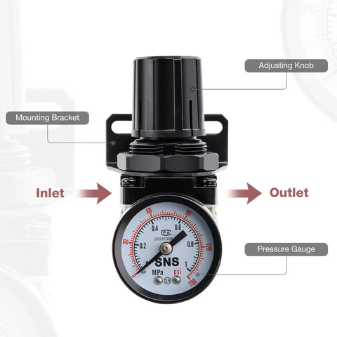 Front view of SNS air compressor pressure regulator with gauge, mounting bracket, and 1/4 in NPT, 0-150 psi