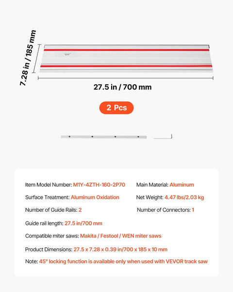 Two 27.5-inch aluminum rails from 55 Inch Track Saw Guide Rail Kit With Two Twenty Seven Point Five Inch Aluminum Rails And Connector For Precise Pro Grade Woodworking Built For A Sweet Setup Compatible With Makita Festool And WEN Track Saws, shown with measurement details.