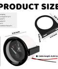 2 Inch 52mm 12V Fuel Gauge With E-1/2-F Pointer Dash, Universal 240-33 Ohm, bracket, nuts, and manual shown with dimensions