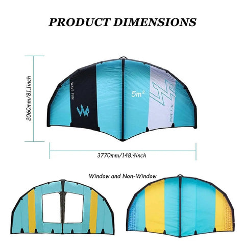 Inflatable Wing Foil For Water And Snow Sports With Pump And Backpack in blue and yellow; dimensions included