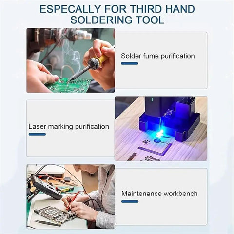 Mini Solder Fume Extractor For Home Workshop Quiet Bench Smoke Absorber uses include soldering, laser marking, maintenance