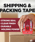 Hand using Ultra Clear Packing Tape With Dispensers For A Tight Seal, Heavy Duty, Moisture And Dust Resistant, Sticks Like Crazy on box
