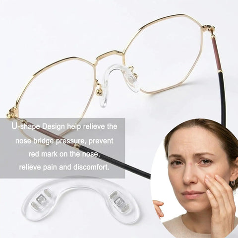 Kick Nose Bruising To The Curb With These 15 Piece Pack Ultra Soft Silicone Eyeglass Nose Pads U Shape Glasses Bridge Cushions Anti Slip Kit For Frames And Sun Shades with glasses and a nose pad.