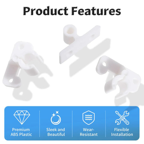 No Sweat Heavy Duty White Cabinet Door Retainer Ball Catch 5 Pack Smooth Push Latch Rock Solid Abs Plastic Quick Fix For Kitchen Or Closet Doors Ready To Go features white ABS plastic clips.