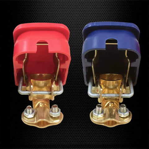 Quick Release Brass Battery Terminal Clamps With Red And Blue Covers for top post batteries, front view, 1 pair, durable build