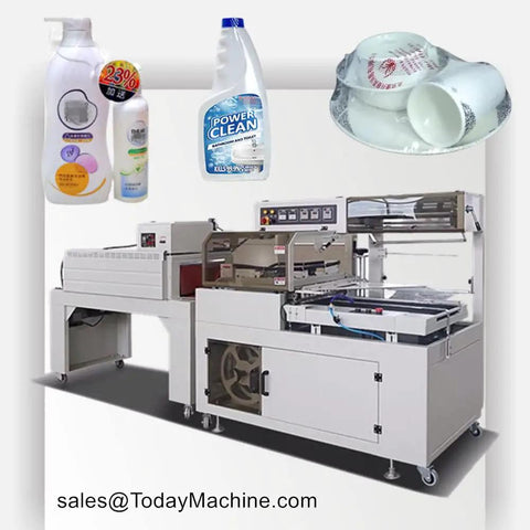 Heavy Duty Semi Automatic Shrink Wrapping Machine For Bottle Label Sleeve Sealing with cleaning products ready for packaging.