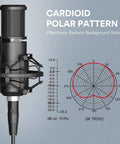 XLR Condenser Microphone with Cardioid Pattern showcasing polar pattern graph for streaming and podcasting, shock mount included.