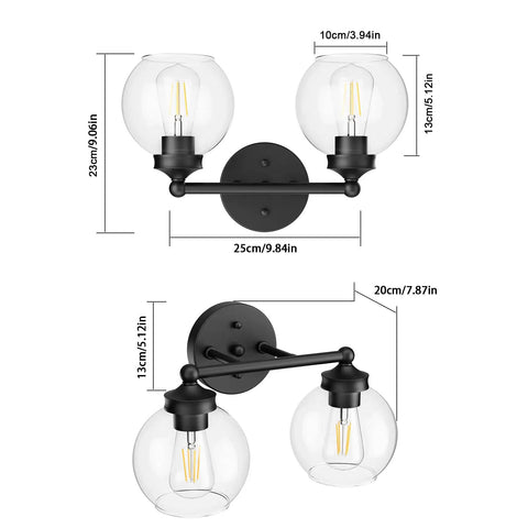 Industrial Vanity Light Fixture With Two Light Vintage Matte Black Bathroom Lighting and measurements shown