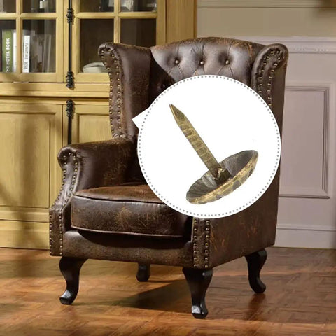 Premium Antique Brass Upholstery Tacks 120 Pack Featuring 7 16 Inch Heads shown on a vintage leather chair for restoration.