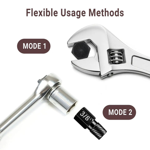 Image showing flexible usage methods with a wrench and a ratchet, featuring the Beast 10 Piece Screw Extractor Kit For Stripped Bolts And Nuts.