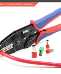 Pro-Grade Ratcheting Crimping Tool For Sleeves Ferrule Ends And Pin Terminals, Heavy-Duty Wire Crimper, fits AWG 10-2 cables, red handle