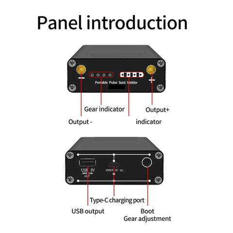 Panel introduction of 9 Speed Adjustable Portable DIY Spot Welding Kit With Quick Release Pen, featuring gear indicator and ports.