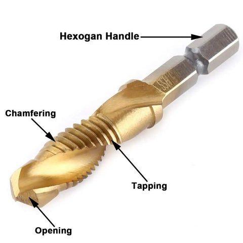 Six Piece Titanium Drill And Tap Bit Set With Center Punch Tool, One Quarter Inch Hex Shank HSS SAE Screw Tapping Bits For Drilling Tapping And Countersinking, Works From M3 To M10