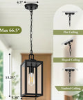 Slick Modern Outdoor Pendant Light, Top Notch Hanging Lantern For Front Porch And Entryway With Heavy Duty Weatherproof Build In Matte Black Finish with chain and ceiling mount.