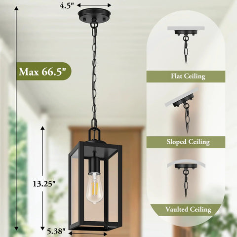 Slick Modern Outdoor Pendant Light, Top Notch Hanging Lantern For Front Porch And Entryway With Heavy Duty Weatherproof Build In Matte Black Finish with chain and ceiling mount.