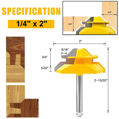 Built Tough 45 Degree Lock Miter Router Bit Set Three Piece Kit For Worry Free Woodworking Joints With One Quarter Inch Shank And Tough Carbide Cutters, 1/4" x 2", measuring specifications