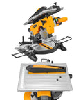 Eight and a Quarter Inch Two In One Compound Miter Saw and Table Saw for Wood and Metal, 10 Amp Dual-Function Power Tool, shown in two modes