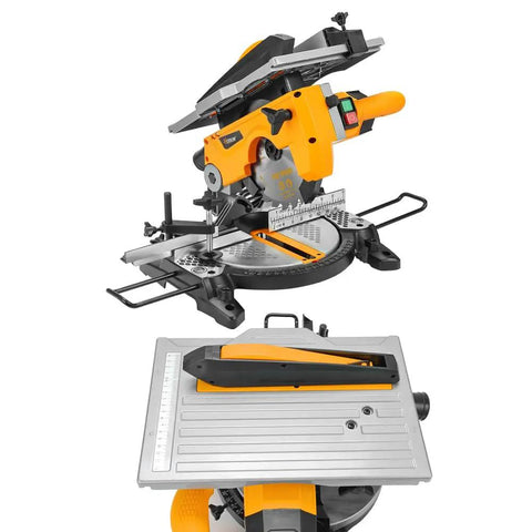 Eight and a Quarter Inch Two In One Compound Miter Saw and Table Saw for Wood and Metal, 10 Amp Dual-Function Power Tool, shown in two modes
