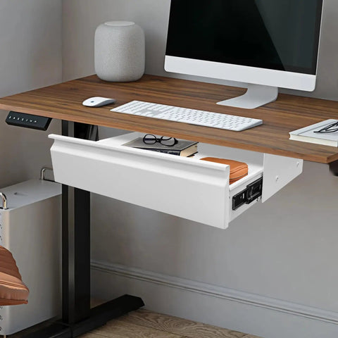 Slick 22 Inch Under Mount Desk Drawer Slide Out Kit with a white finish, mounted under a desk storing glasses and notebooks.