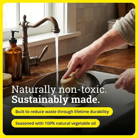 Washing Lightweight Carbon Steel Skillet For High Heat Frying With Long Handle in kitchen sink, non-toxic and sustainably made.